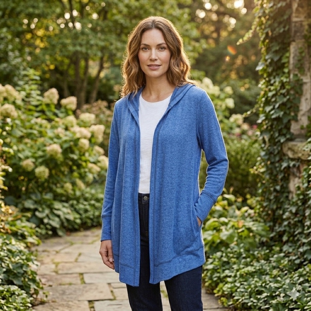 New Isela Womens Size 1X Cardigan Jacket Blue Marled Soft Rayon Blend Stretch